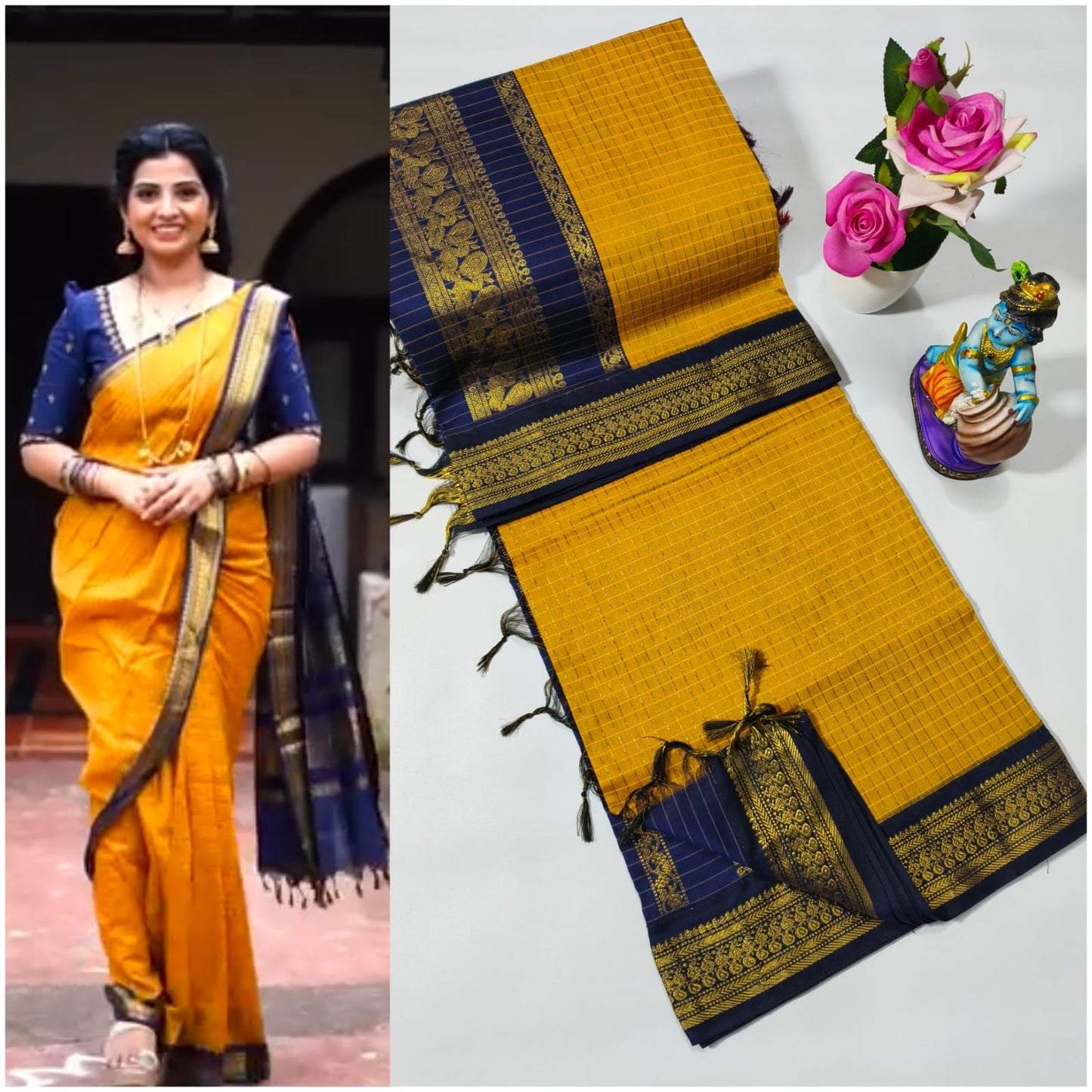 Checked Kalyani cotton saree/Lata Gadwal Paithani