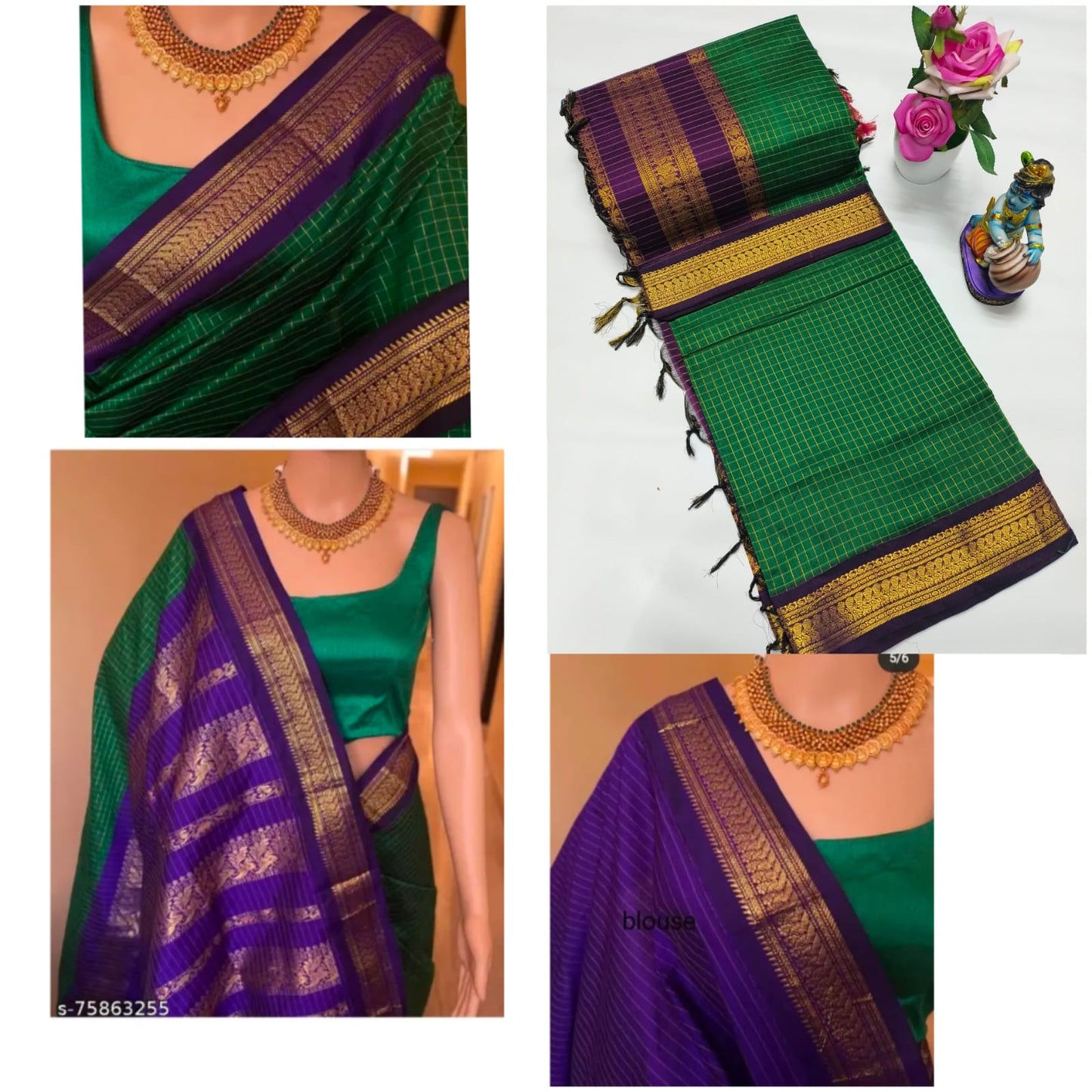 Checked Kalyani cotton saree/Lata Gadwal Paithani