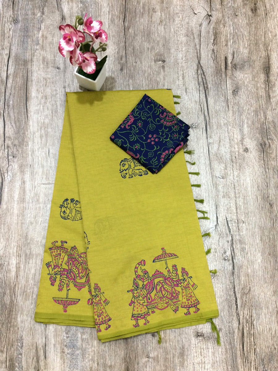 South Indian Cotton Mix Hand Block PPrint Saree