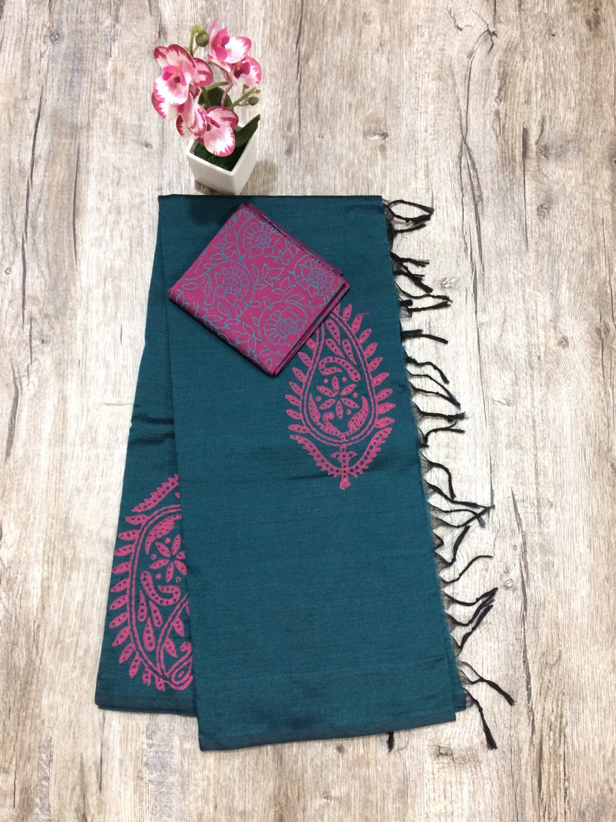 South Indian Cotton Mix Hand Block PPrint Saree