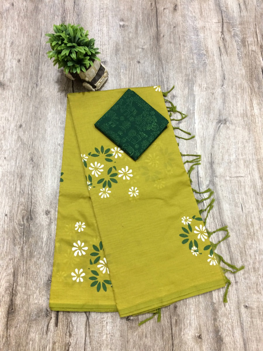 South Indian Cotton Mix Hand Block PPrint Saree