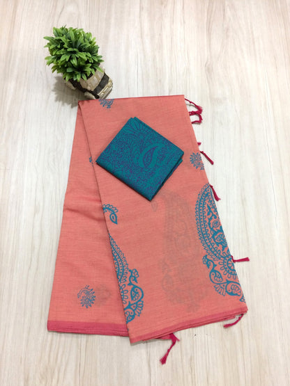 South Indian Cotton Mix Hand Block PPrint Saree