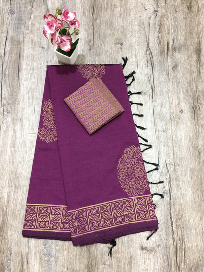 South Indian Cotton Mix Hand Block PPrint Saree