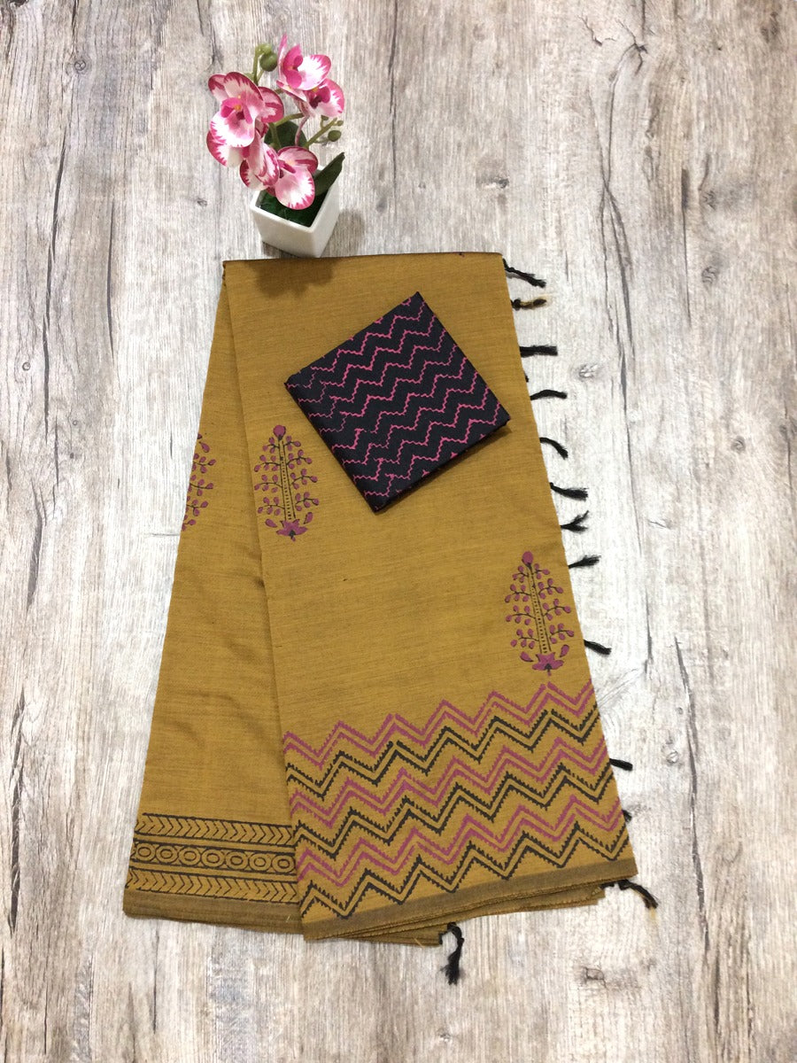 South Indian Cotton Mix Hand Block PPrint Saree