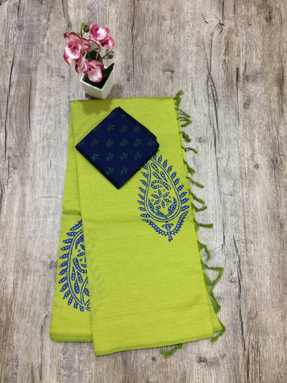 South Indian Cotton Mix Hand Block PPrint Saree