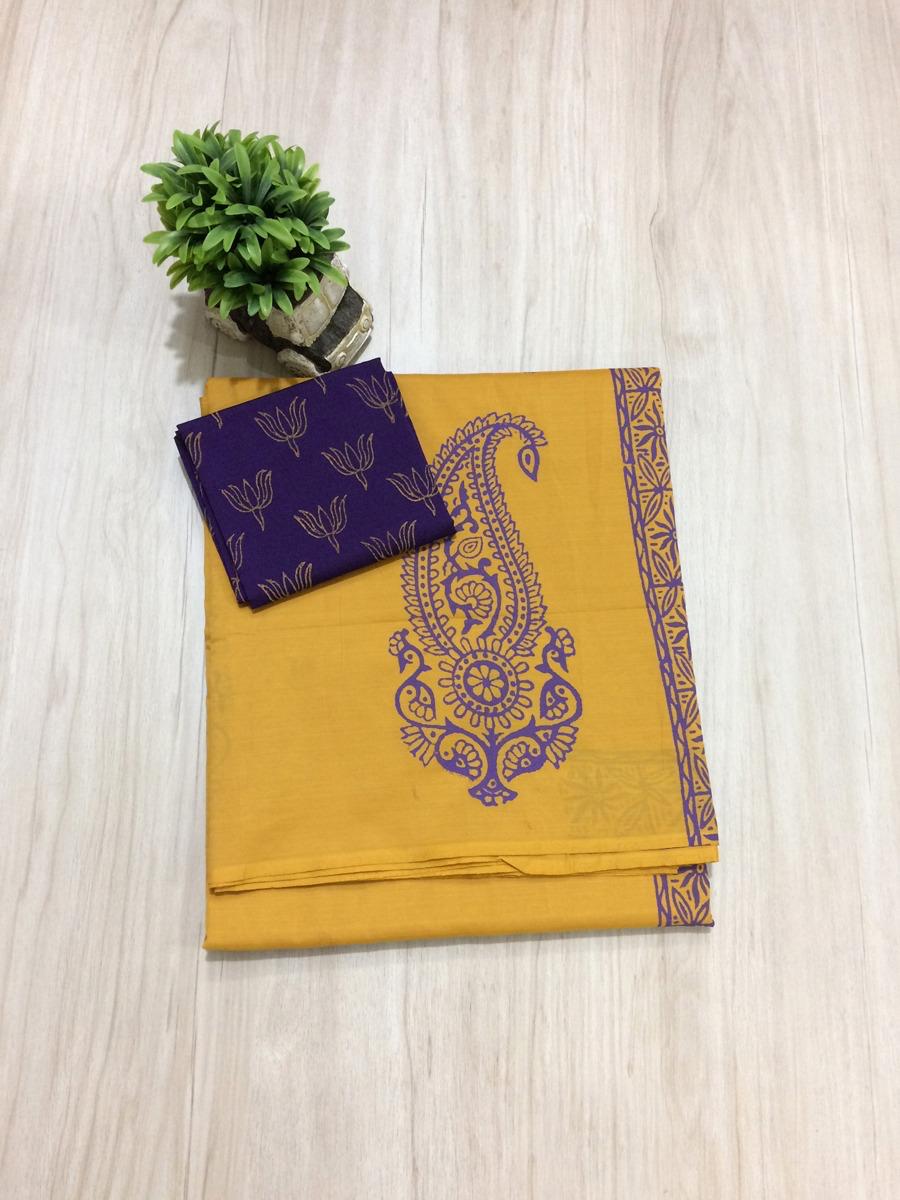 South Indian Cotton Mix Hand Block PPrint Saree