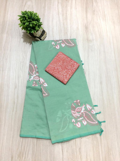 South Indian Cotton Mix Hand Block PPrint Saree